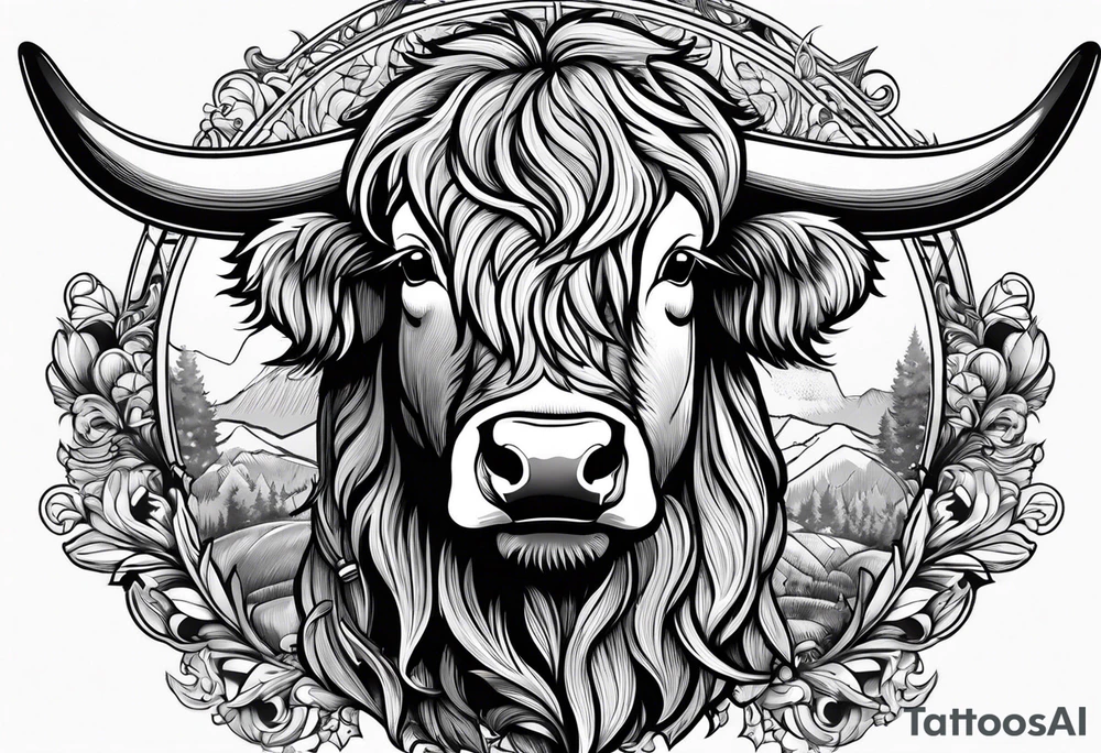 Highland cow in motorcycle helmet tattoo idea