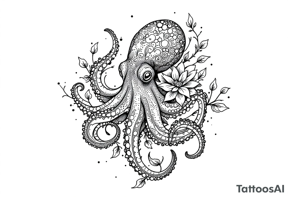 realistic octopus, detailed linework, intricate, black-and-grey shading, surrounded by floral ornaments, intertwining and merging with flowers, thin black swirling lines, semi-transparent brown leaves, dotwork, ornamental flourishes, radiating design, fine-line style, minimalistic, organic flow, feminine, artistic, slightly surreal, seamless composition, marine botanical fusion, lifelike texture, graceful rhythm, smooth shading, soft leaves wrapping, blooming shoulder flower, outward radiating pattern, vine tentacle flow, integrated sea creature, botanical octopus curved body placement, natural organic movement tattoo idea