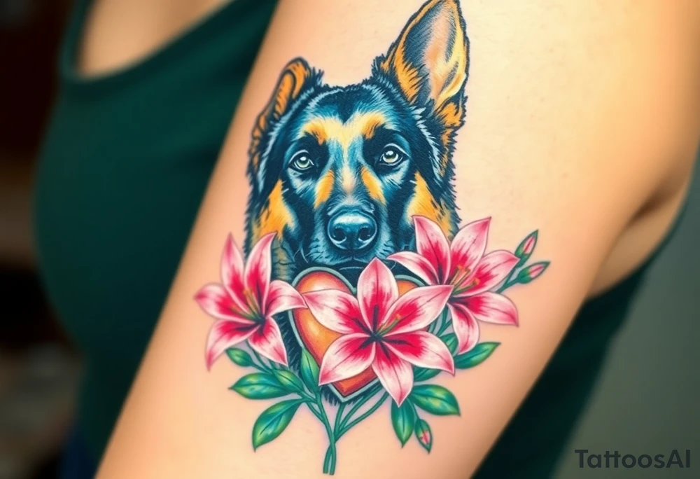realistic german shepherd looking protective with pink lilies in front of a sacred heart symbol tattoo idea