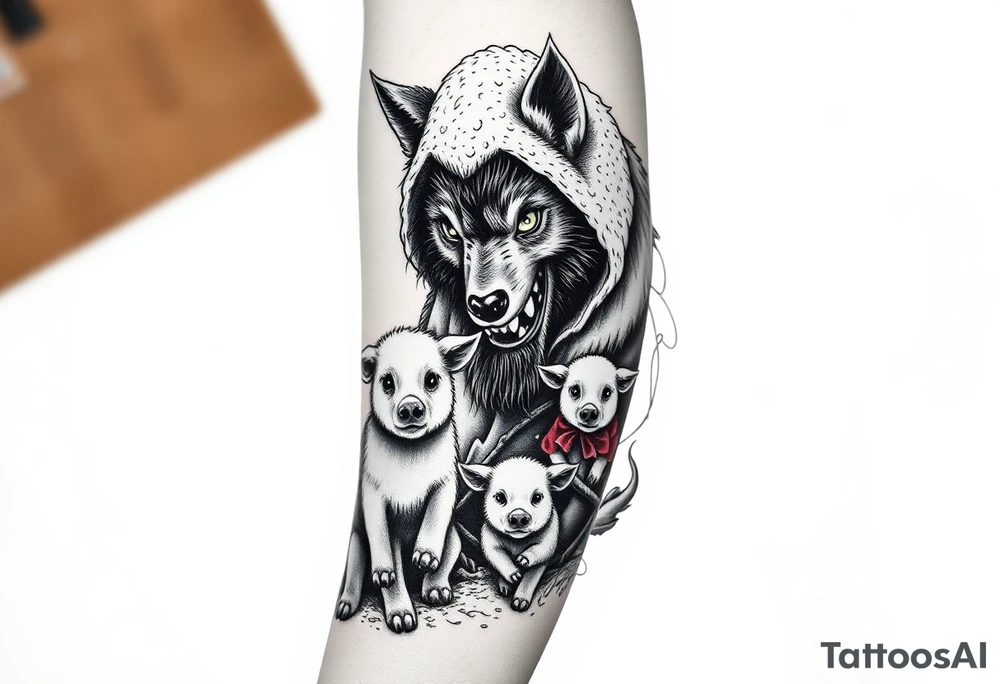 Big bad wolf nursery rhyme wearing a sheep costume with sheep head as hood and eat the three little pigs and little red riding hood in the woods tattoo idea