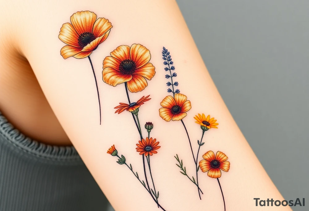 California poppies, California blackberries, gray’s lupine, marsh marigold, Indian paintbrush, one daisy, and an orange and orange blossom tattoo idea