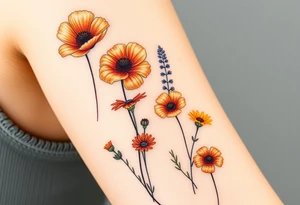 California poppies, California blackberries, gray’s lupine, marsh marigold, Indian paintbrush, one daisy, and an orange and orange blossom tattoo idea