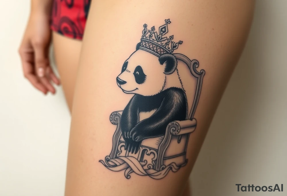 powerful superior panda with a crown, sexy princess on a throne looking down at her worshippers tattoo idea