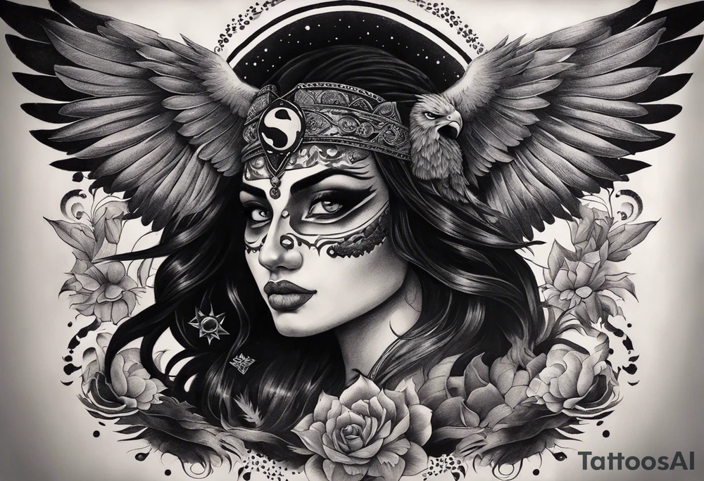 black kali, goddess pirate, alien, angel, pachamama, valkrye, warrior, flying, skull, lotus azul, wing, eagle, zenza resonance, stars, 5D, anahata chakra, death, durga, riding on a tiger, flying lady, kundalini, chest tatoo, rebel tattoo idea
