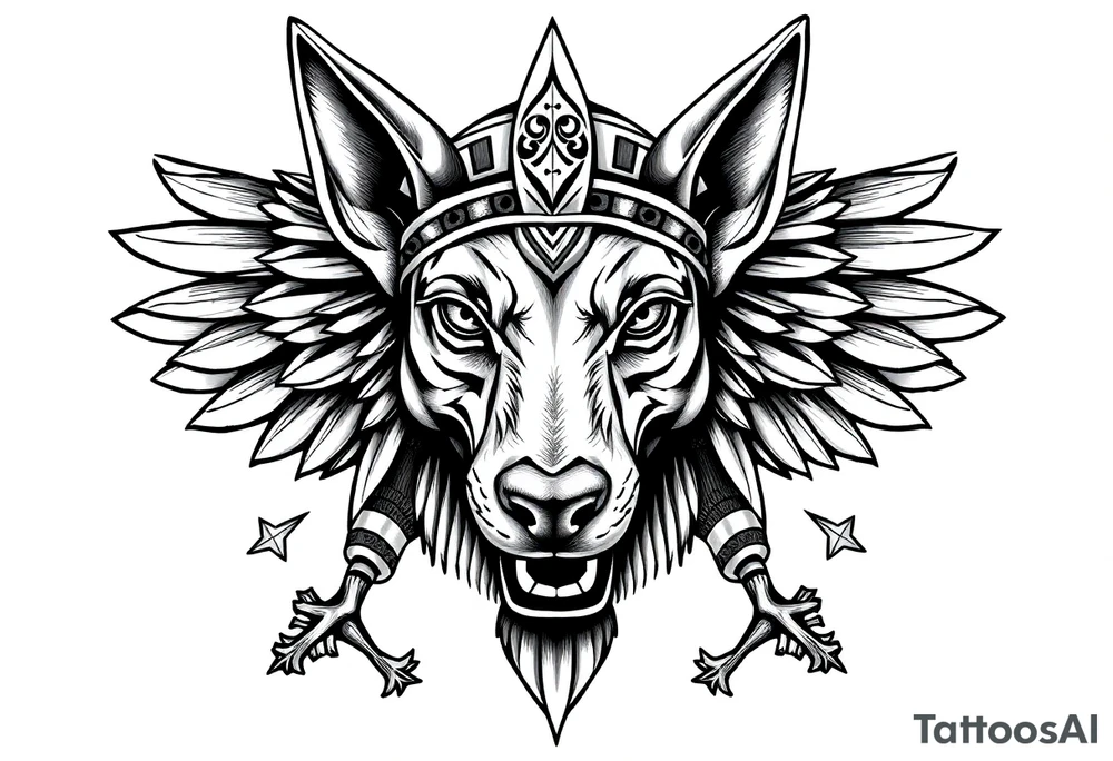 Egyptian Anubis god face muscle in Egypt style  with mantle on head

dog face surrounded Egyptian symbols based on elements tattoo idea