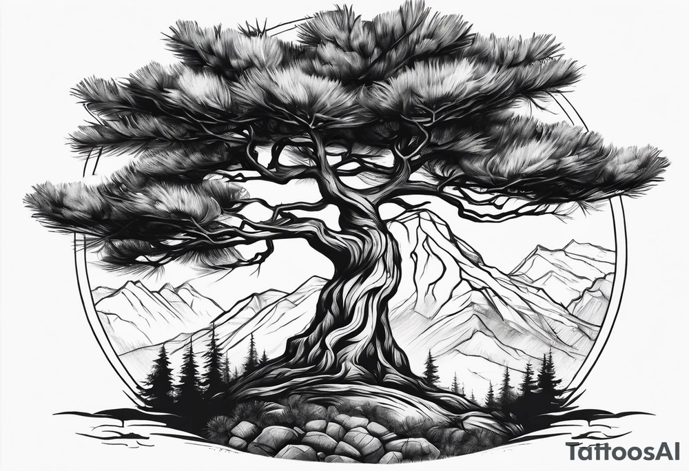Pine tree conected with an upsieddown junpier tree tattoo idea