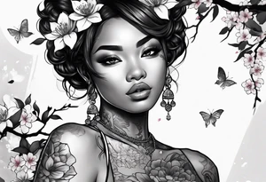 Black Female with name Nisha and sakura blossoms around her tattoo idea