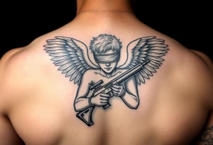 Angel blindfolded holding draco gun tattoo idea
