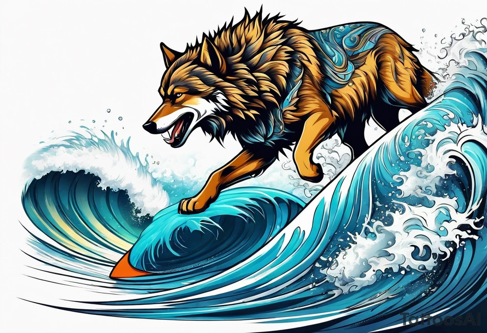 a pack muscular of wolves surfing tattoo idea