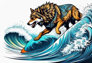 a pack muscular of wolves surfing tattoo idea