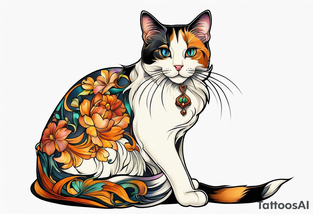 Art nouveau calico cat tattoo idea