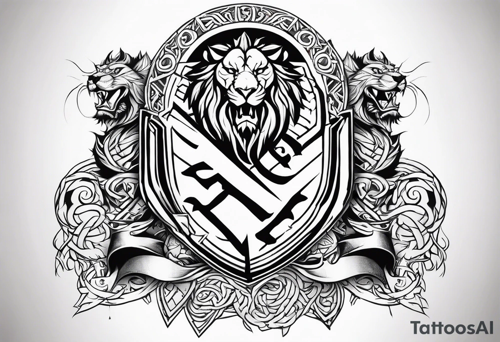 Valhalla shield sword lion dragon runes tattoo idea