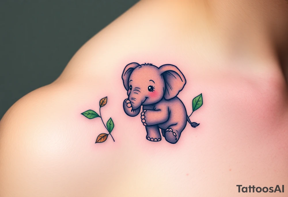 A baby elephant holding its parent’s trunk, surrounded by soft green leaves and warm earth tones, symbolizing guidance and protection tattoo idea