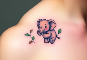 A baby elephant holding its parent’s trunk, surrounded by soft green leaves and warm earth tones, symbolizing guidance and protection tattoo idea