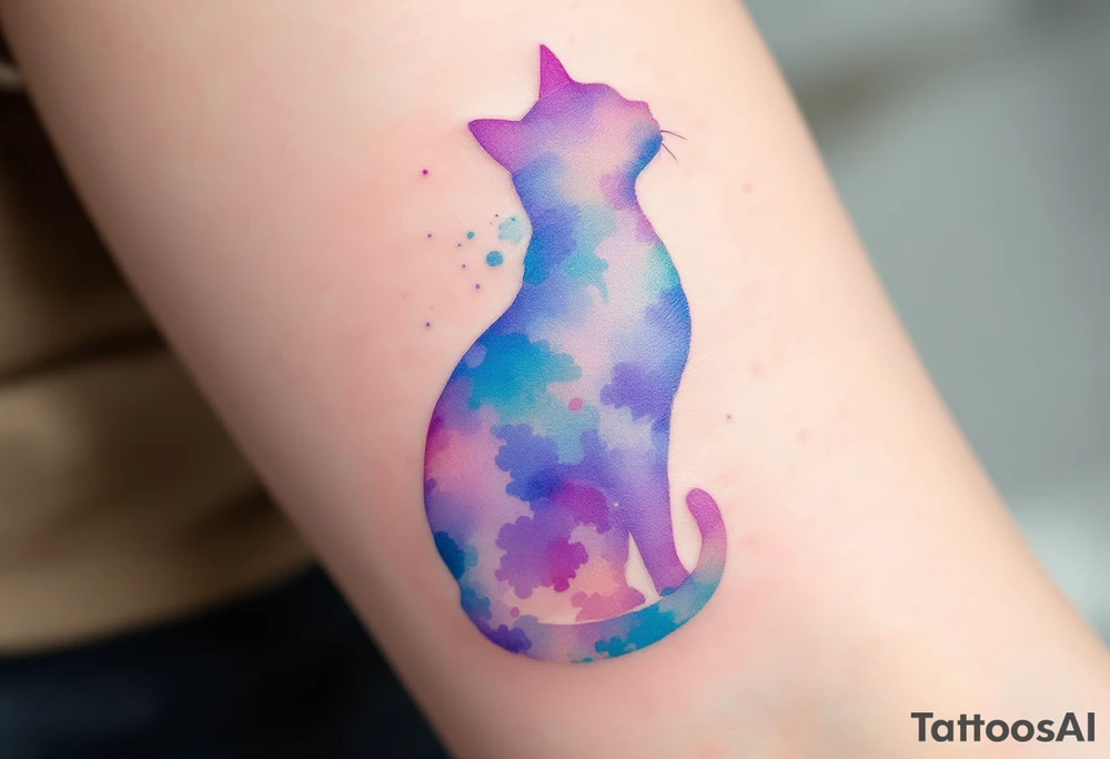 Watercolor Cat Silhouette – A soft outline of a cat, filled with splashy pastel tones like lavender, turquoise, and pink, blending together in watercolor style. tattoo idea