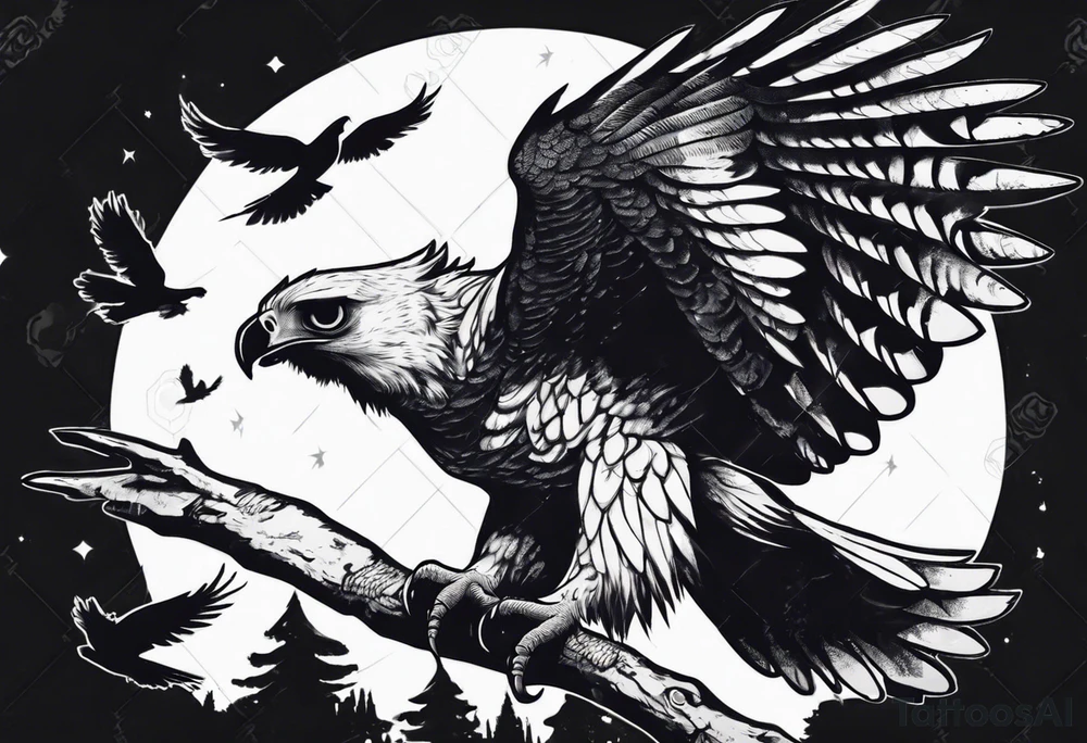 harpy eagle at night flying in the moonlight dark aesthetic tattoo idea