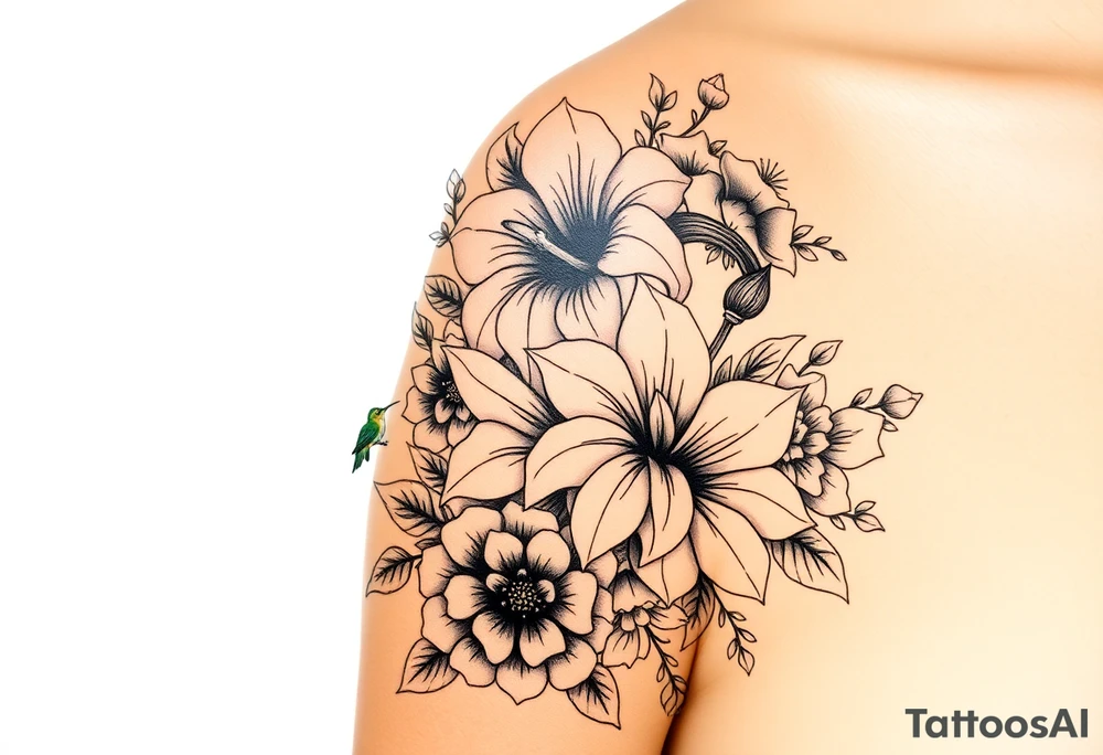 Can you create an image of a tattoo that will go on my upper arm including the following floral arrangement done very light handed and with soft lines- 1 large violet, 1 large carnation, 1 large lily of the valley, 1 large narcicuss, 1 medium carnation, 1 medium violet, 1 small dafodil, 2 small water lillies, and 1 small chrysanthemum. Add a small hummingbird drinking out of the large narcicuss. I want it on my upper right arm on the outside but slightly wrapping around the outer arm. I would like some greenery to fill in spaces as well. Make it large enough to fill my upper arm. I want the flowers to have dramatic and realistic shading. Make the tattoo more vertical than horizontal and put it on a female's arm with medium tan skin. tattoo idea