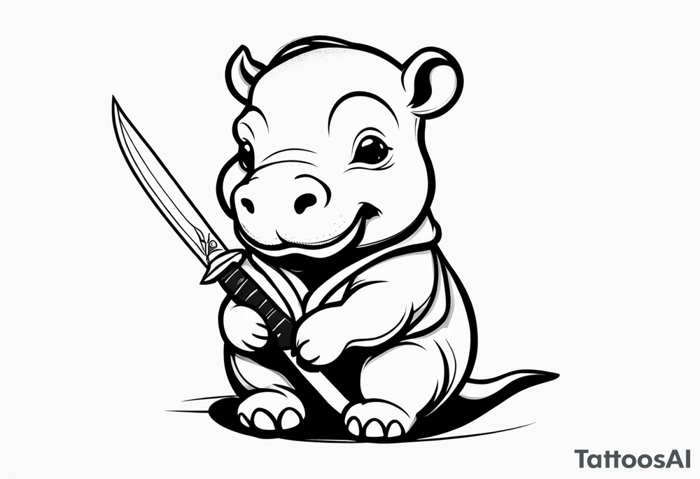 Baby hippo in a swaddle holding a knife in its mouth tattoo idea