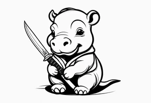 Baby hippo in a swaddle holding a knife in its mouth tattoo idea