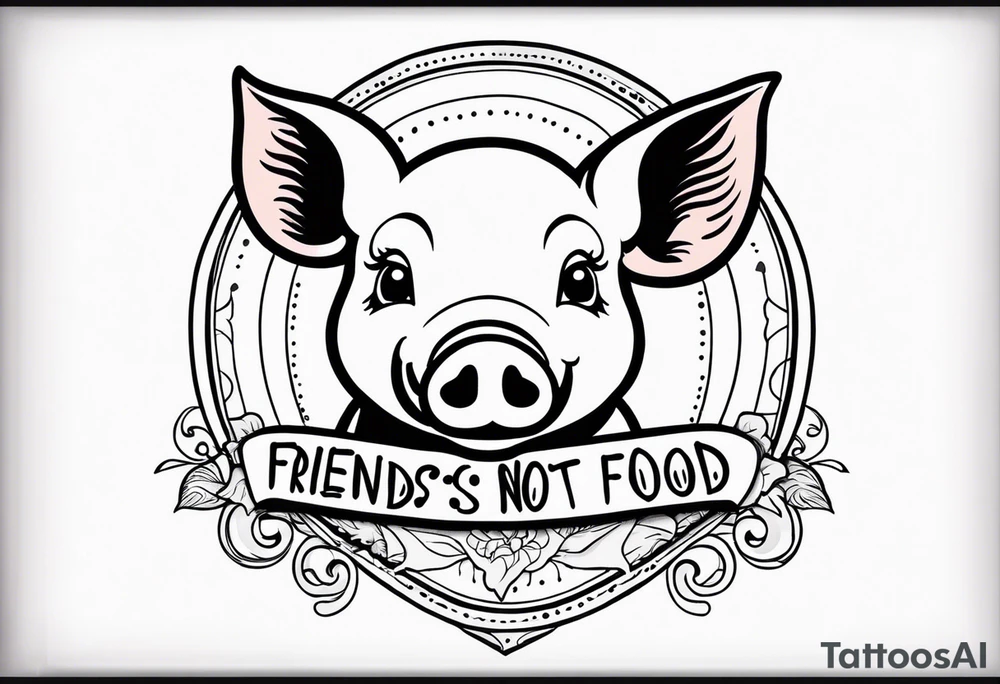 cute pig or piglet.
with text: "friends not food"
very thin lines
cartoonish style tattoo idea