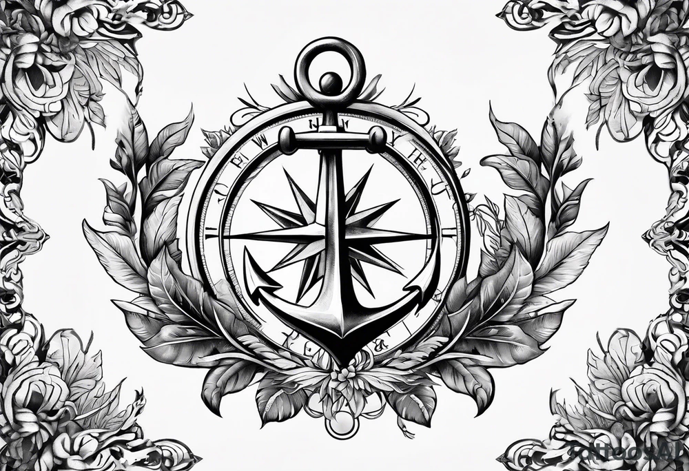 A selucid style anchor in front of a compass and a narrow laurel wreathe wrapped around the compass tattoo idea