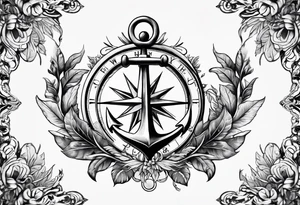 A selucid style anchor in front of a compass and a narrow laurel wreathe wrapped around the compass tattoo idea