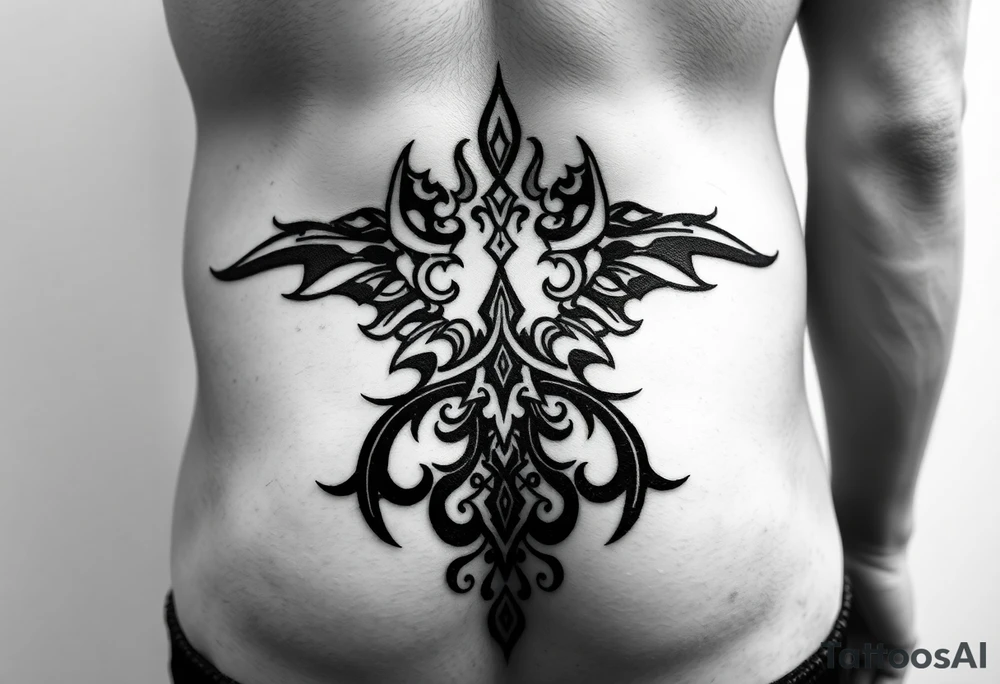 Each tribal piece for below the belly button on a male that runs from hip to center of the groin kind of Gothic eclectic just nice more manly and sexy tattoo idea