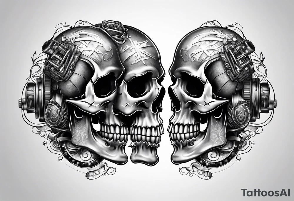 skull halves stitched together with roller coaster track tattoo idea