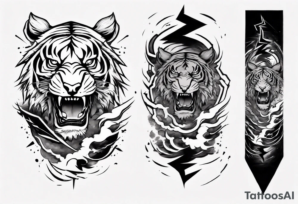 A thundergod tiger forearm sleeve tattoo, with lightning and clouds filling the area tattoo idea