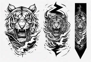 A thundergod tiger forearm sleeve tattoo, with lightning and clouds filling the area tattoo idea