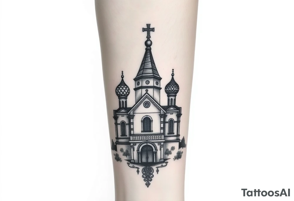 in a dorsal view a detailed medium sized country style russian orthodox church with onion domes and a band at the front with mist shrouding the top and fading into a virgin mary overlooking above at the top tattoo idea