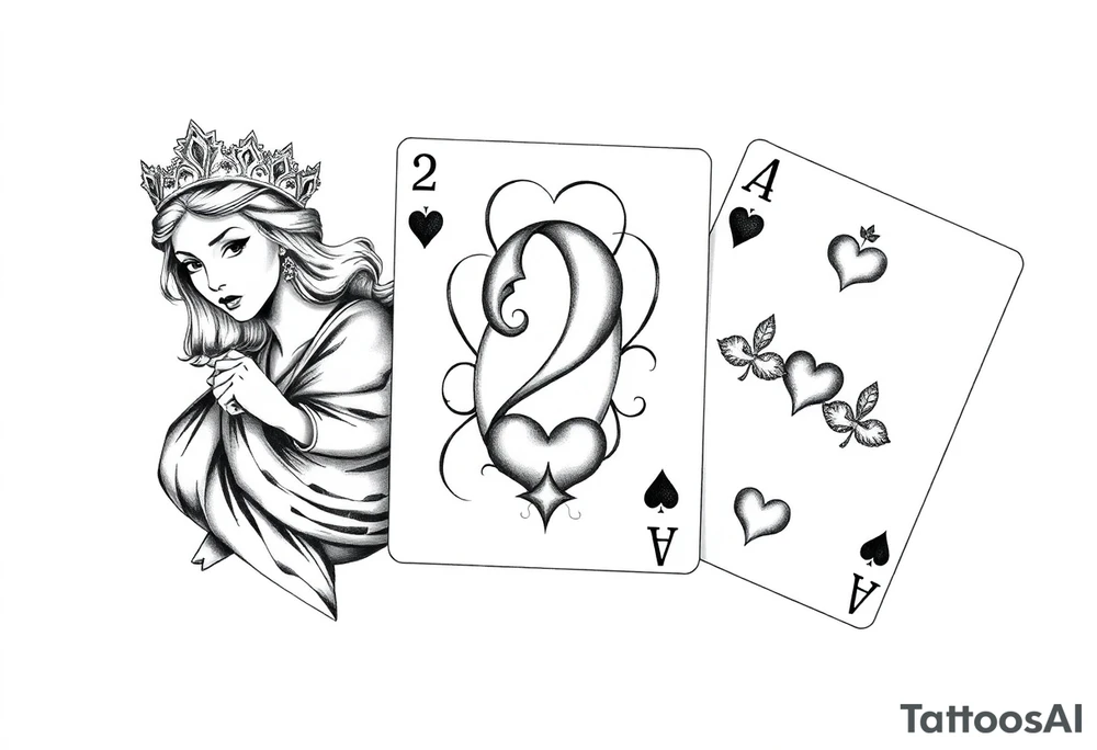 (Queen of hearts, 2 of hearts and 4 of hearts) playing cards tattoo idea