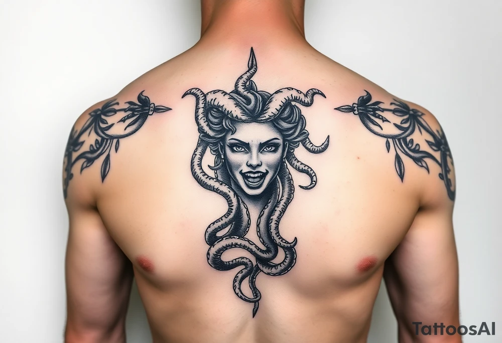 A Beautiful feminine sexy Medusa chest peice Black and white with shading, realistic tattoo idea