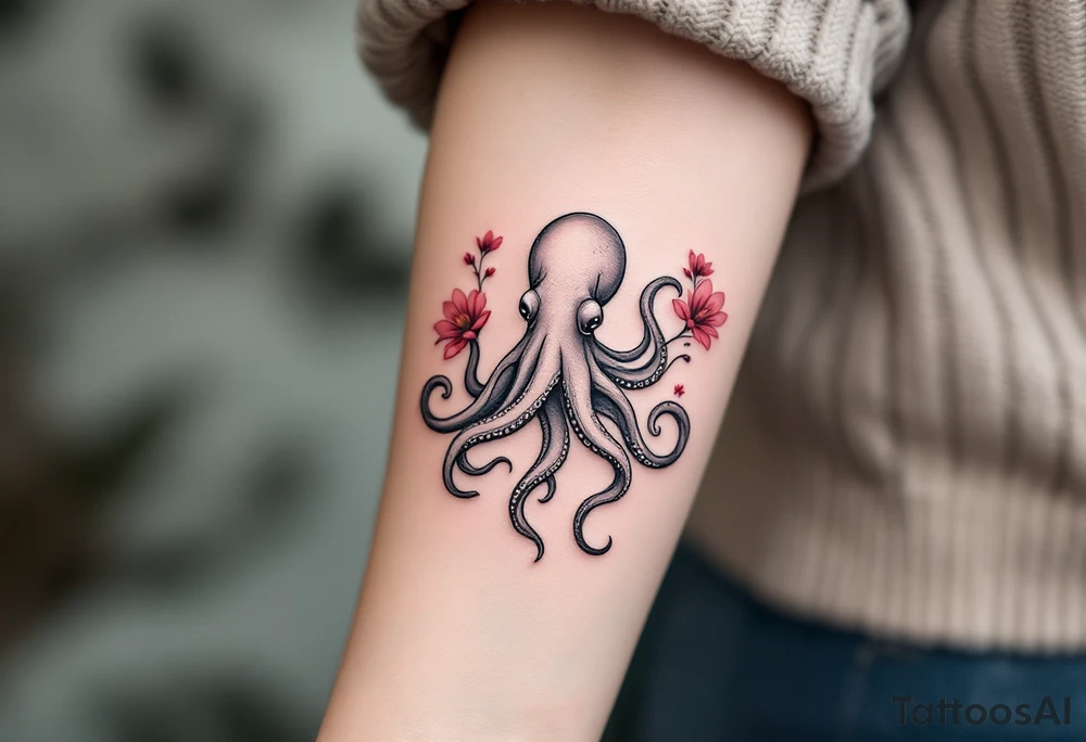 A small realistic black and grey tattoo of an octopus, cute, with detailed shading and soft linework, showing the octopus with swirling tentacles, on light skin. ornamental flowers around with red ink. The style is minimalistic and elegant, resembling fine-line tattoo with a shadow tattoo idea