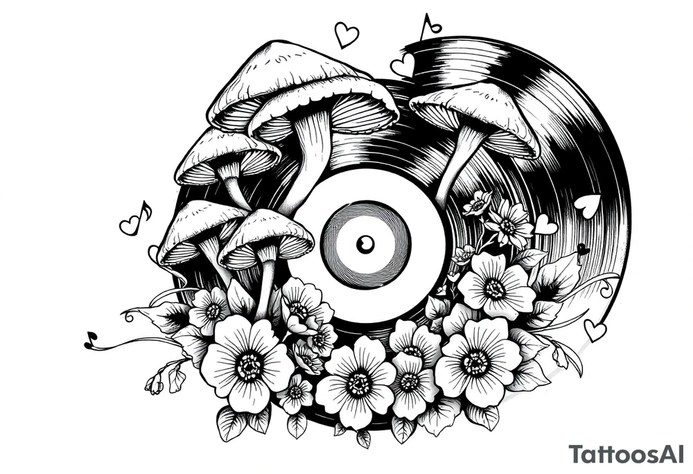 vinyl record with mushrooms, flowers, hearts, and music notes tattoo idea