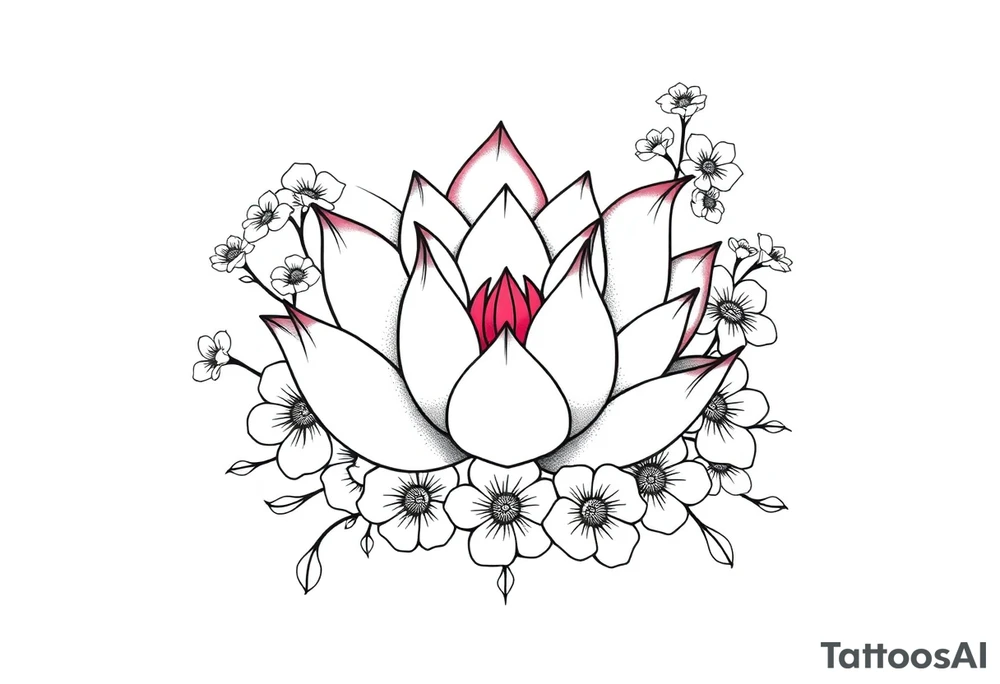 Lotus flower surrounded by forget me nots and peonies tattoo idea