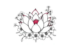 Lotus flower surrounded by forget me nots and peonies tattoo idea