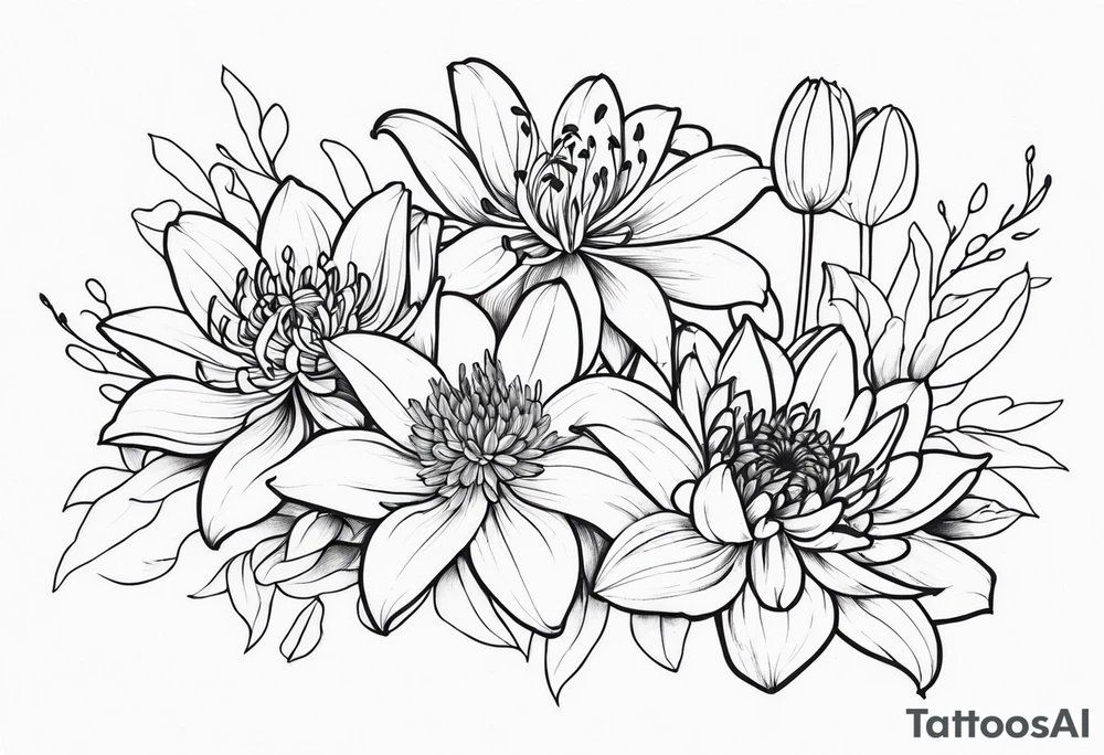 Lillies and chrysanthemums tattoo idea
