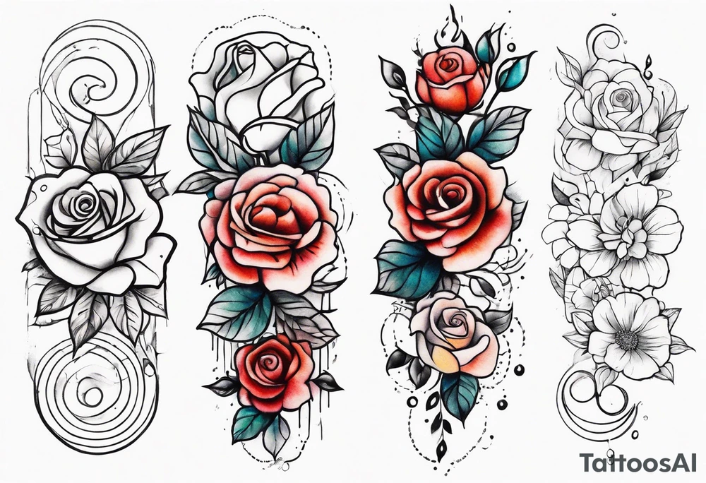 front knee tattoo with flowers & roses, swirls & water washes, background washes tattoo idea