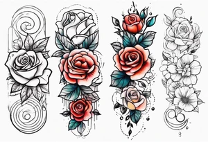 front knee tattoo with flowers & roses, swirls & water washes, background washes tattoo idea