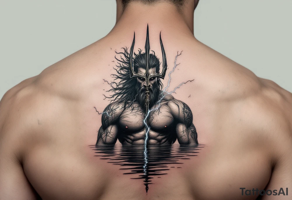 fit poseidon, behind a trident, with lightning, in calm water tattoo idea