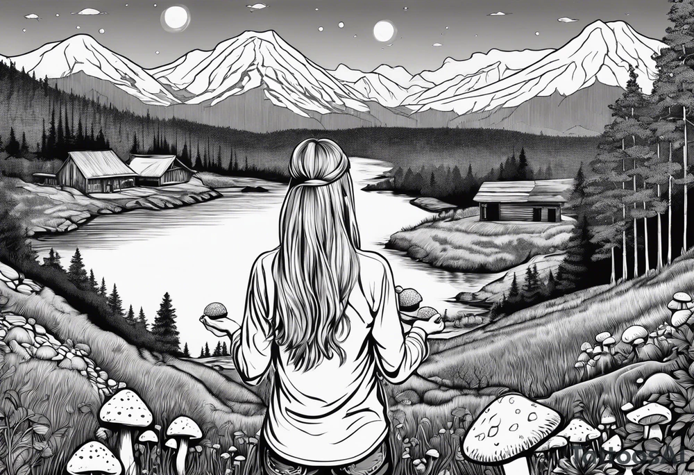 Whole picture encircled fully

Straight long blonde hair hippie girl in distance holding mushrooms in hand facing away toward mountains and creek surrounded by mushrooms long sleeve shirt and hiking pants; whole rendering within a full circle, no cut off circle tattoo idea