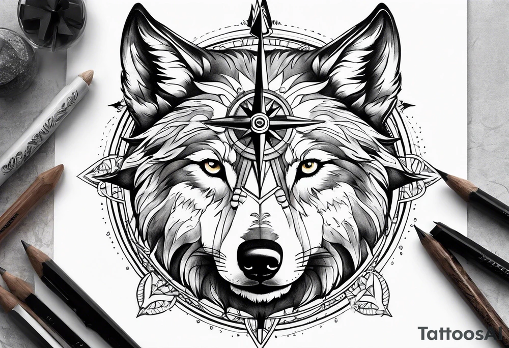 Compass in a wolf face tattoo idea