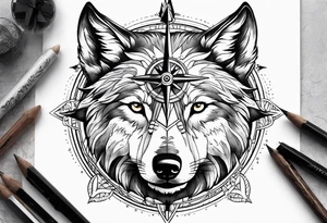 Compass in a wolf face tattoo idea
