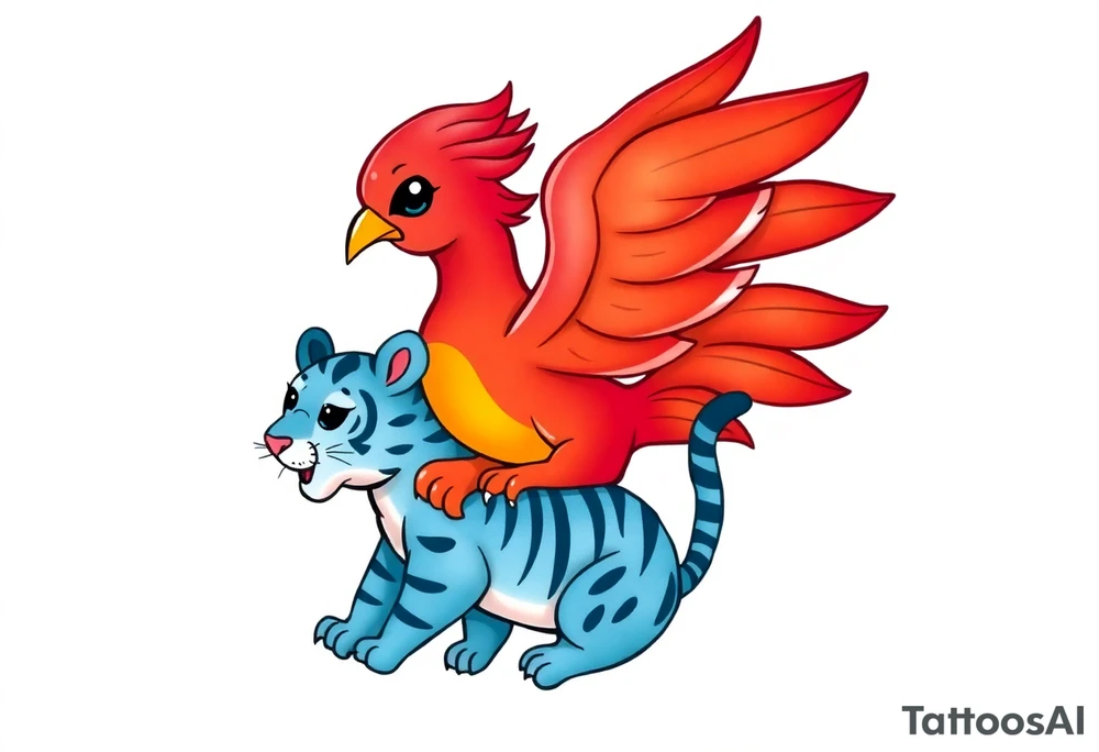 an adorable red phoenix and blue tiger playing together. tattoo idea