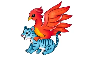 an adorable red phoenix and blue tiger playing together. tattoo idea