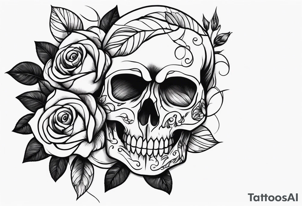 black upper arm sleeve skull rose tattoo idea