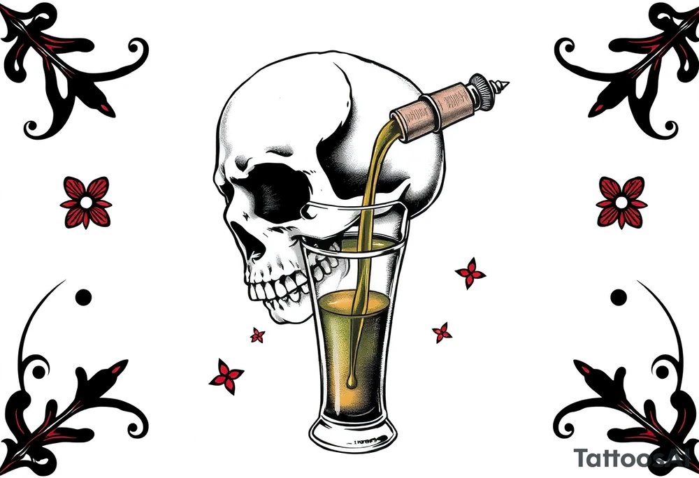 “I’ll drink your poison if you fill the cup” skull, glass, pouring liquid tattoo idea