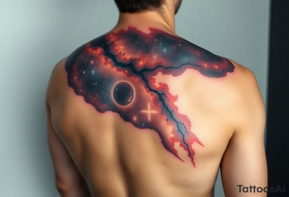 Beautiful and epic 3d milky way that appears to be what is beneath the skin. Make it drape over the shoulder and move to the middle back. use negative spaces to create stars and dust. Incorporate God breathing life into the universe. Keep it symmetrical tattoo idea