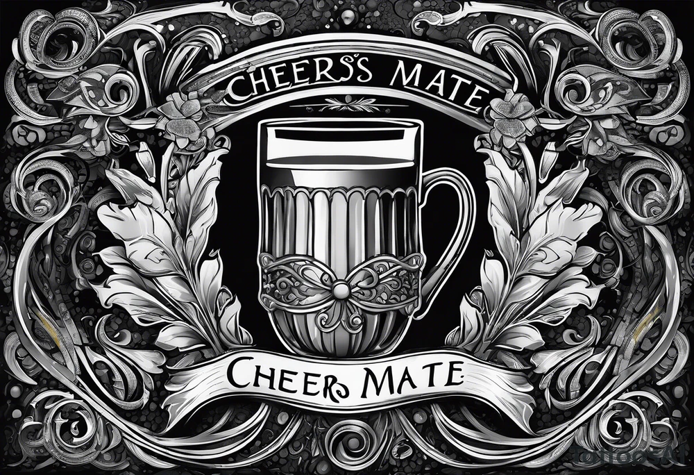 "Cheers Mate" text black and grey ink armband, intricate, artistic +abstract +grey Cancer Ribbon +toasting bourbon glass tattoo idea
